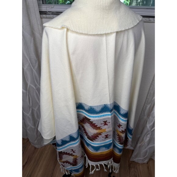 Vtg Ecuadorian Wool Cape Poncho wrap Southwest Aztec Fringe Hem festival Os htf - Picture 2 of 9